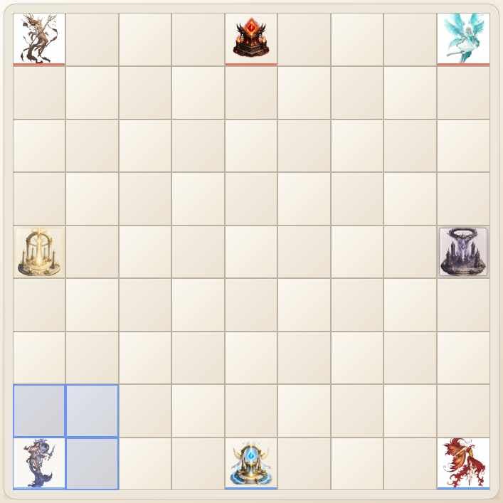 A Raksha hero being dragged with legal move squares highlighted.